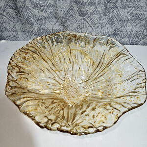 Vtg Murano Italy Art Glass Bowl Gold Aventurine Scalloped Ribbed Centerpiece